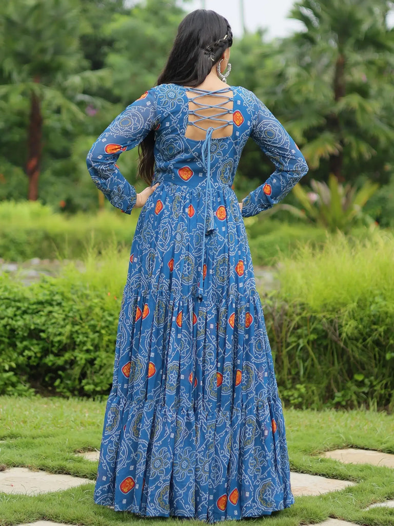 Gorgeous Blue Color Bandhani Printed Georgette Navratri Wear Gown