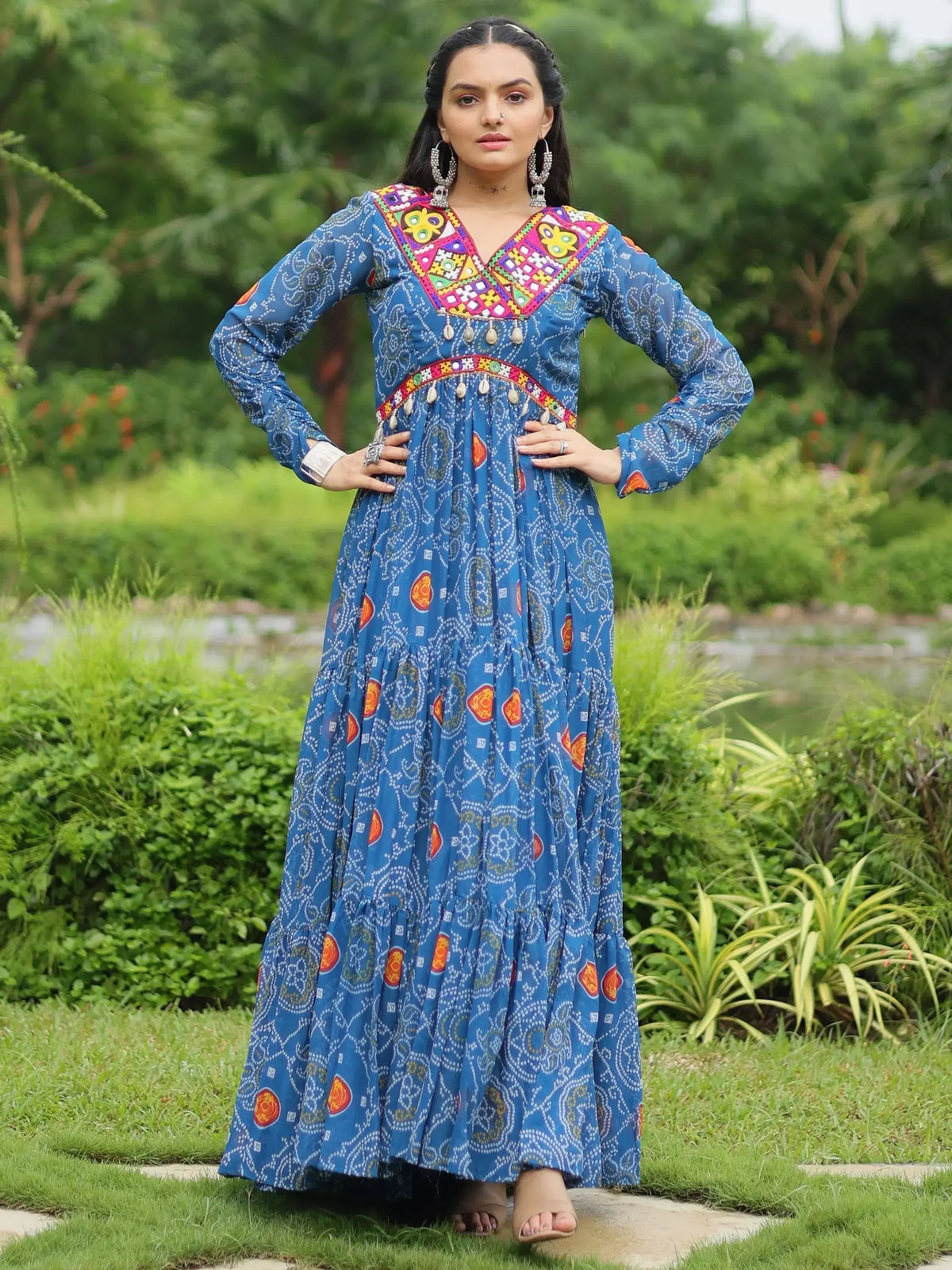 Gorgeous Blue Color Bandhani Printed Georgette Navratri Wear Gown