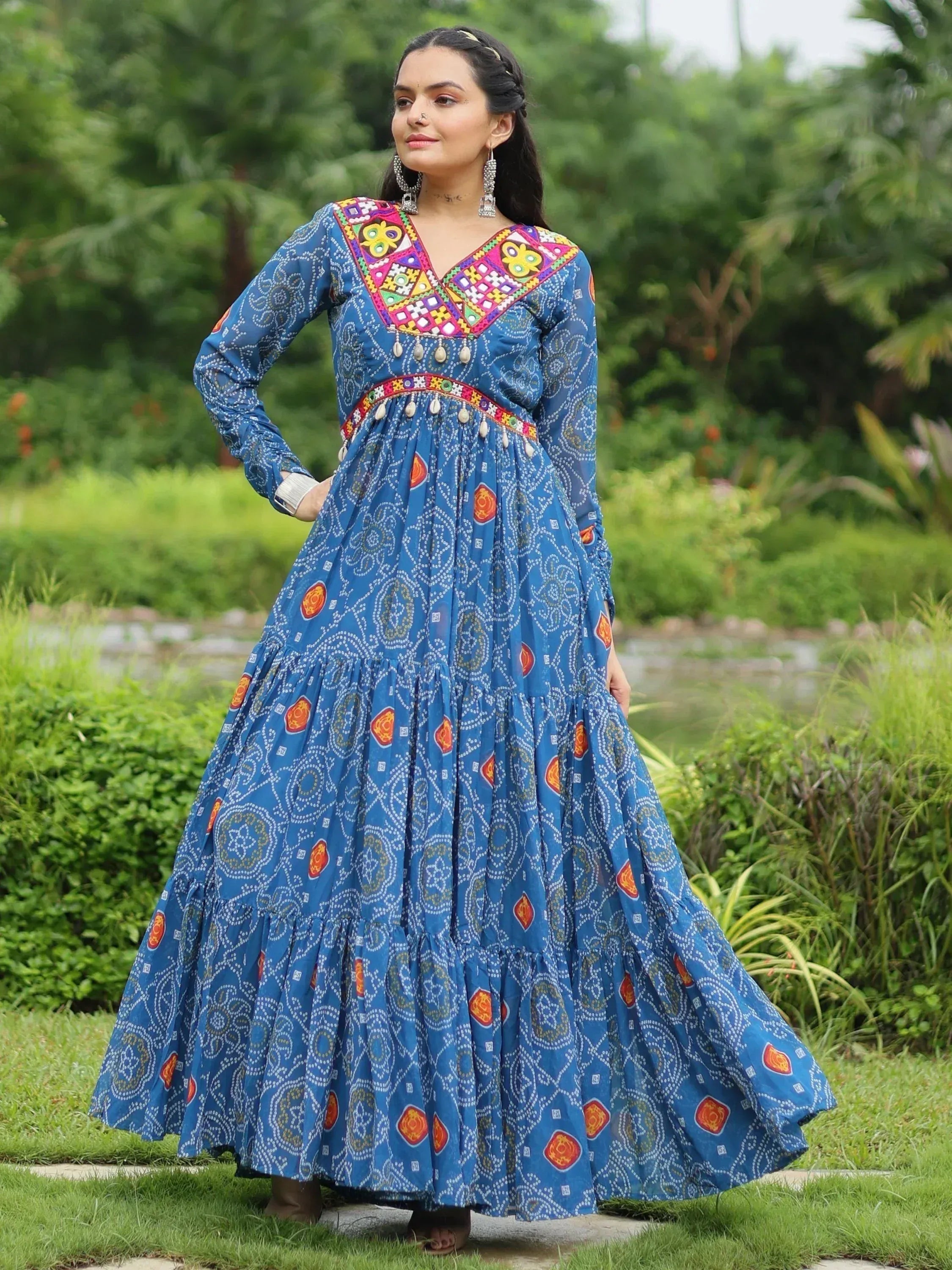 Blue embroidered ethnic gown with colorful mirror work, perfect for Indian festivals and occasions