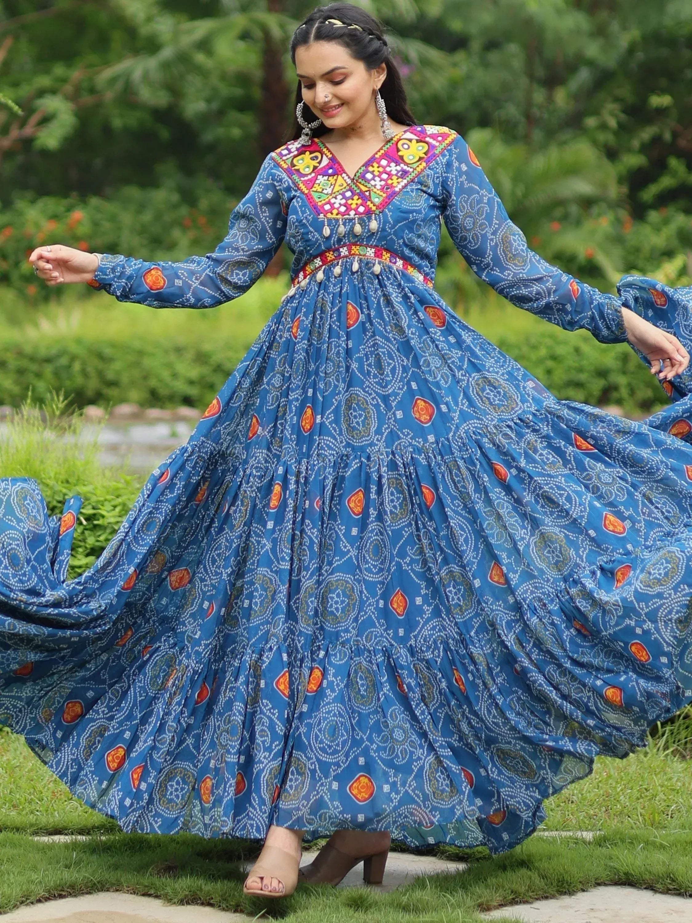 Blue printed ethnic gown with colorful embroidery, perfect for Indian festive wear
