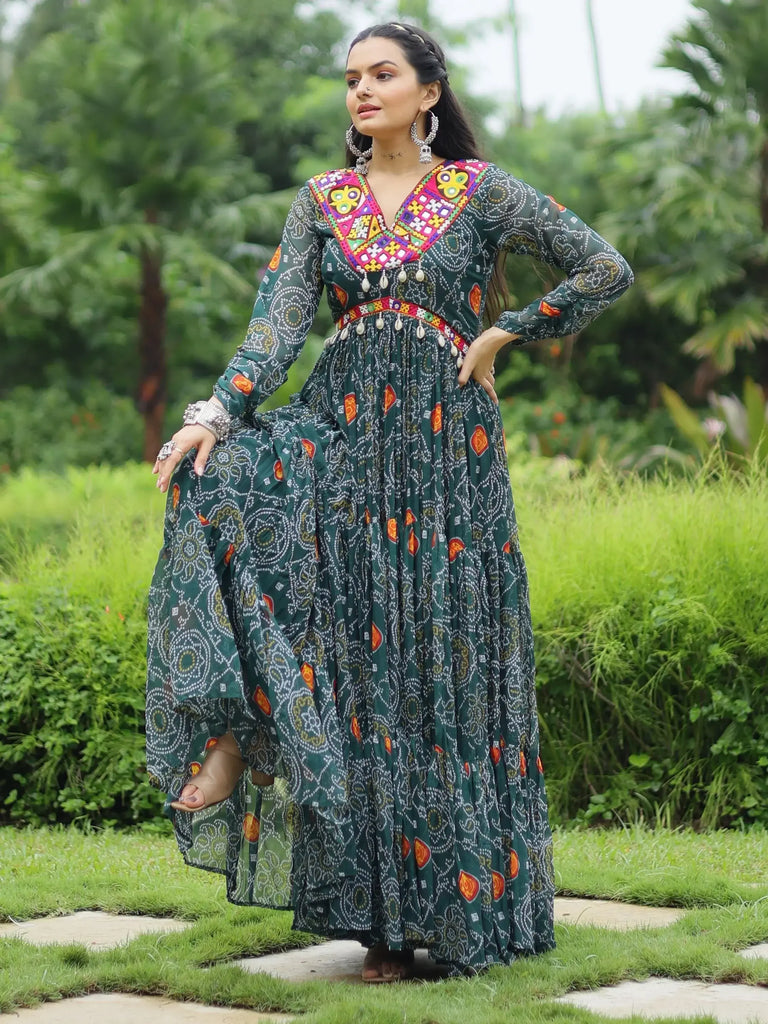 Beautiful Green Color Bandhani Printed Georgette Navratri Wear Gown