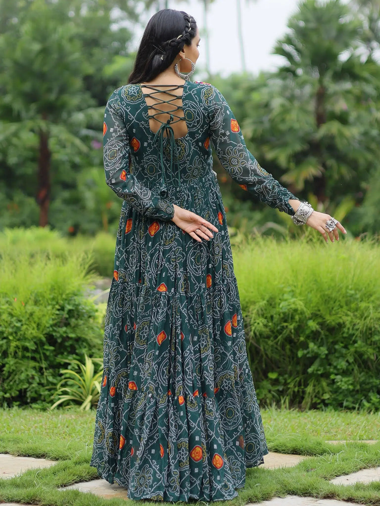 Beautiful Green Color Bandhani Printed Georgette Navratri Wear Gown