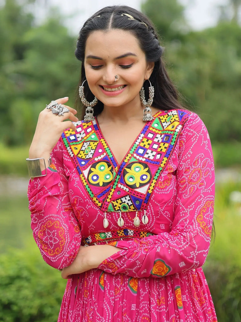 Adorable Pink Color Bandhani Printed Georgette Navratri Wear Gown