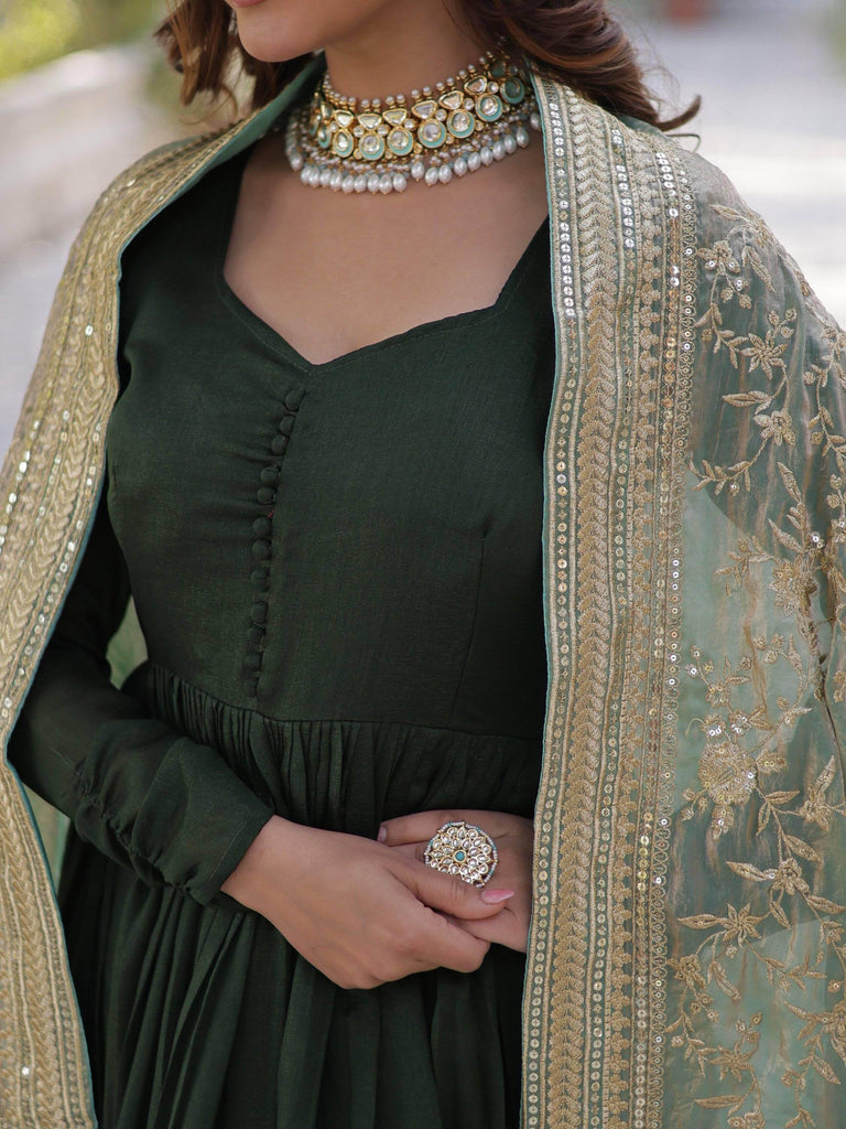 Fantastic Bottle Green Zari Embroidery Vichitra Silk Traditional Gown