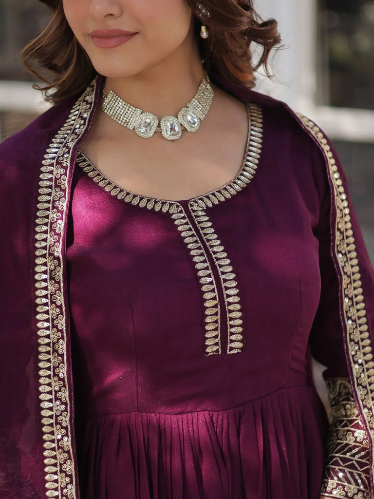 Sweet Wine Sequins Embroidered Silk Wedding Wear Gown With Dupatta