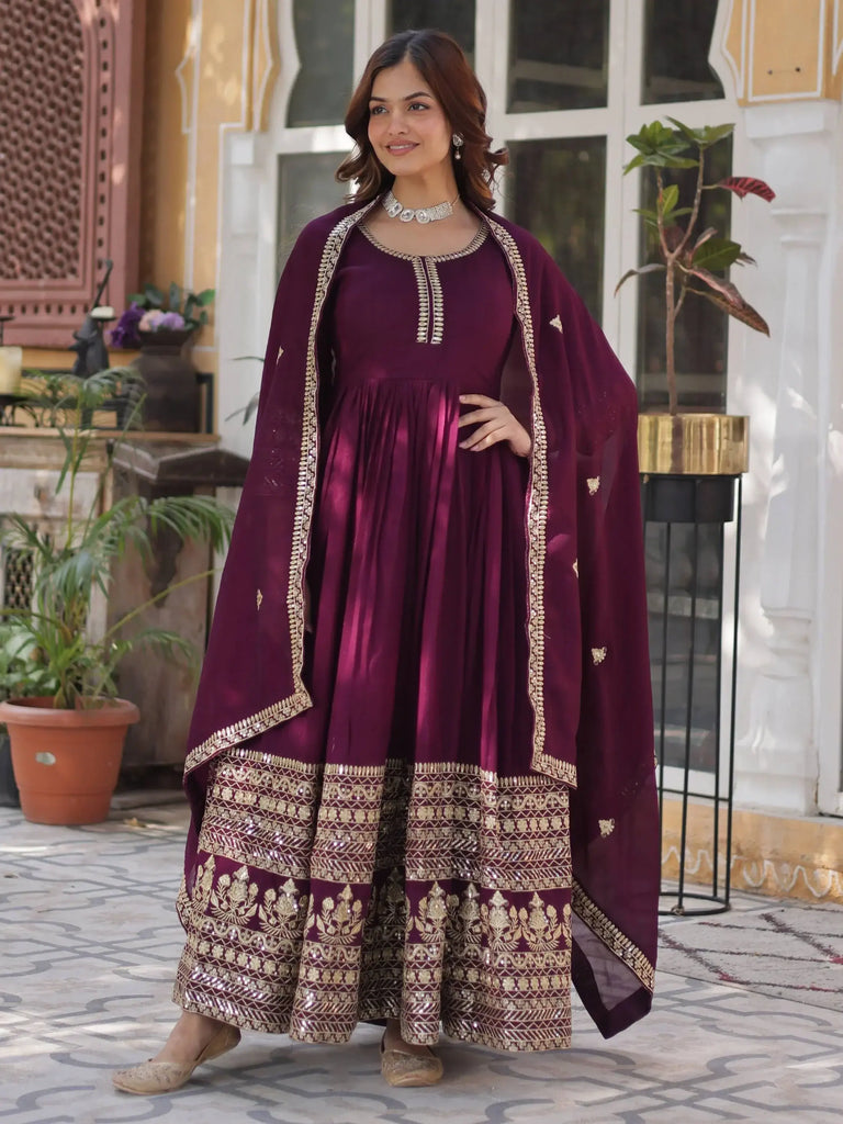 Sweet Wine Sequins Embroidered Silk Wedding Wear Gown With Dupatta