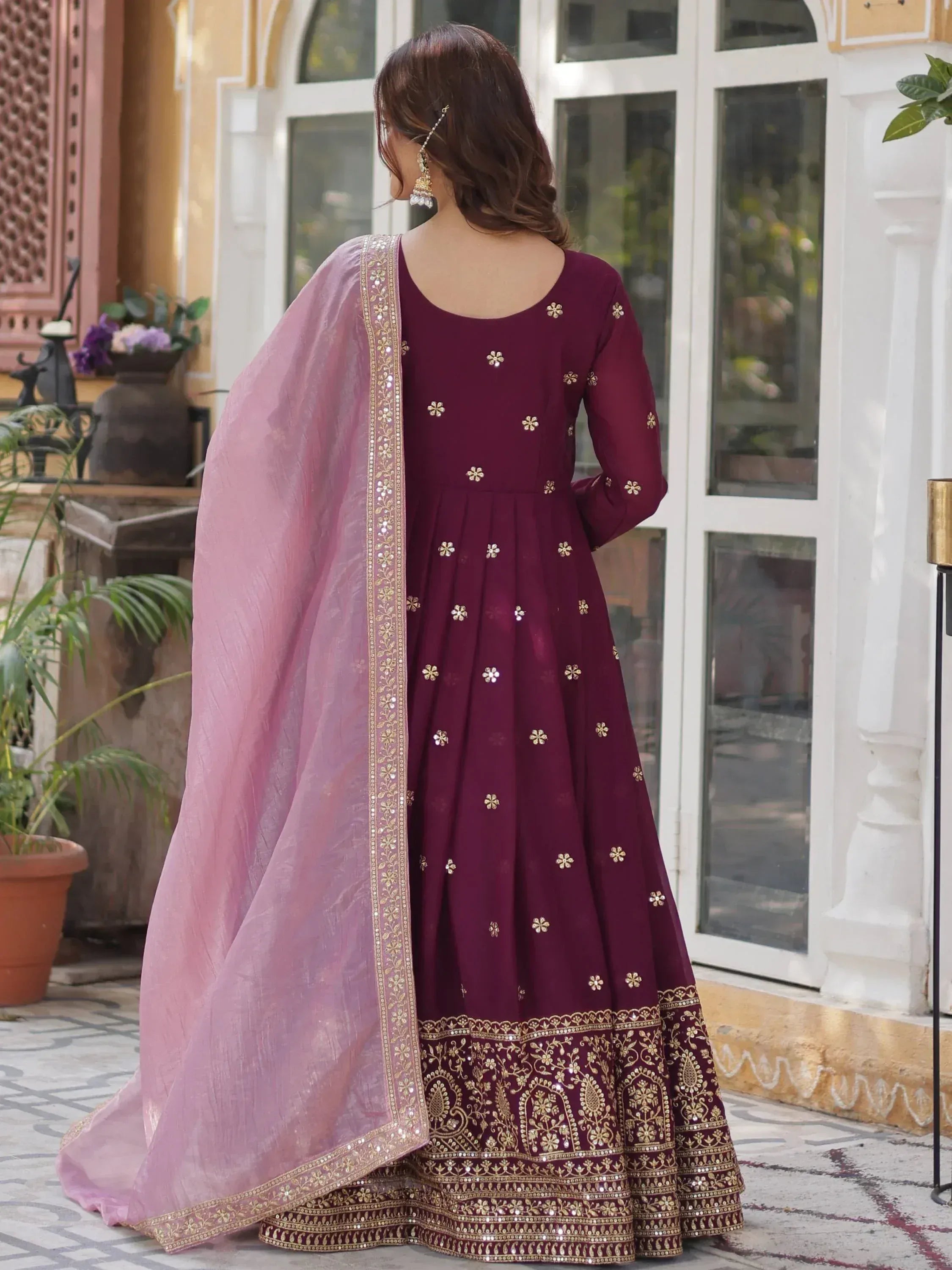 Maroon embroidered anarkali with pink dupatta, perfect for ethnic occasions