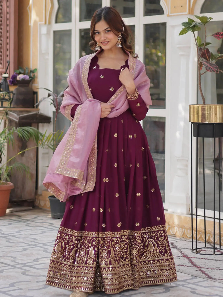 Magnetic Wine Zari Embroidery Georgette Festive Wear Gown With Dupatta