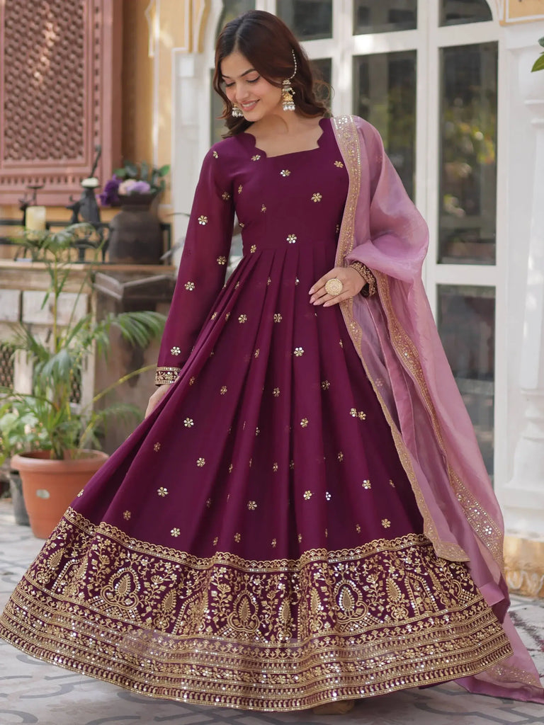 Magnetic Wine Zari Embroidery Georgette Festive Wear Gown With Dupatta