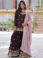 Glamorous Wine Sequins Georgette Festival Wear Sharara Suit