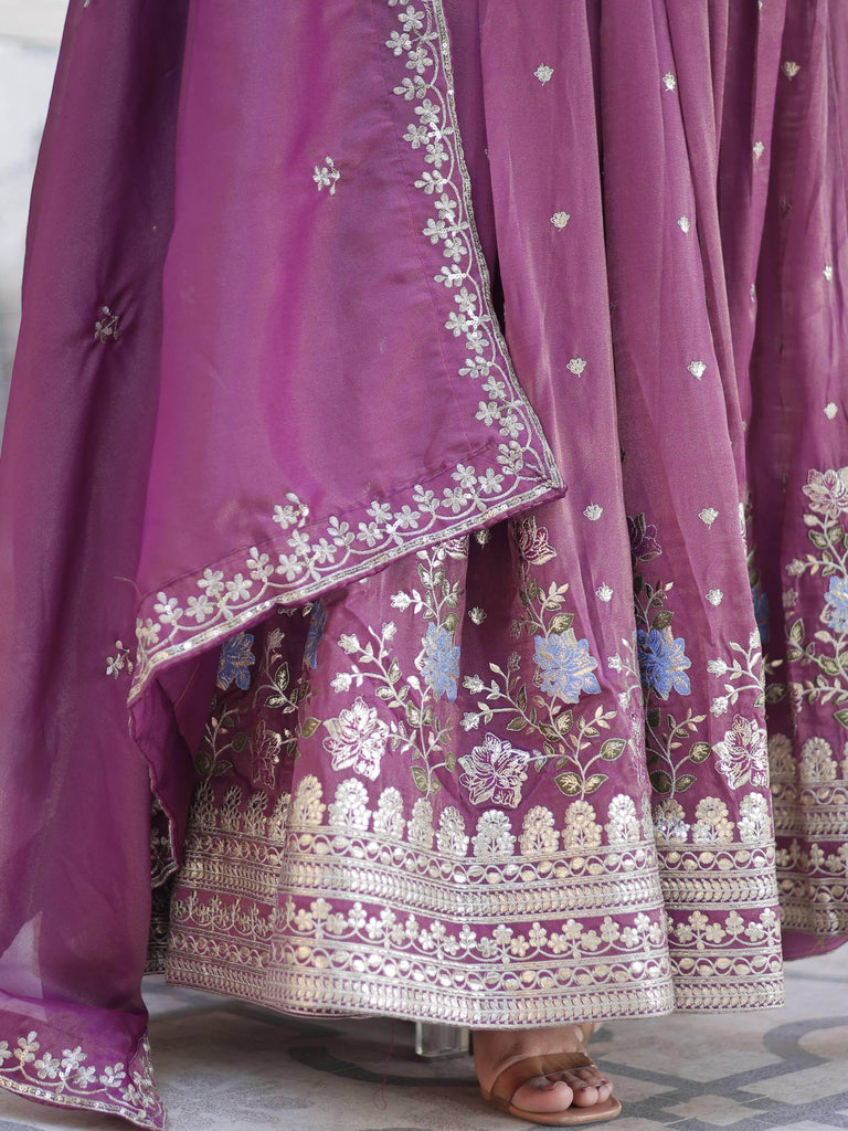 Pretty Mauve Zari Work Viscose Silk Festive Wear Gown With Dupatta