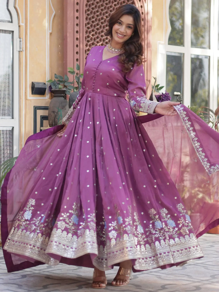 Pretty Mauve Zari Work Viscose Silk Festive Wear Gown With Dupatta