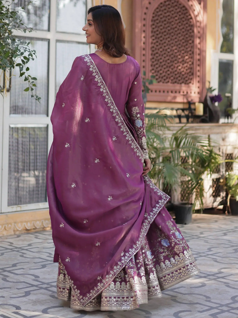 Pretty Mauve Zari Work Viscose Silk Festive Wear Gown With Dupatta