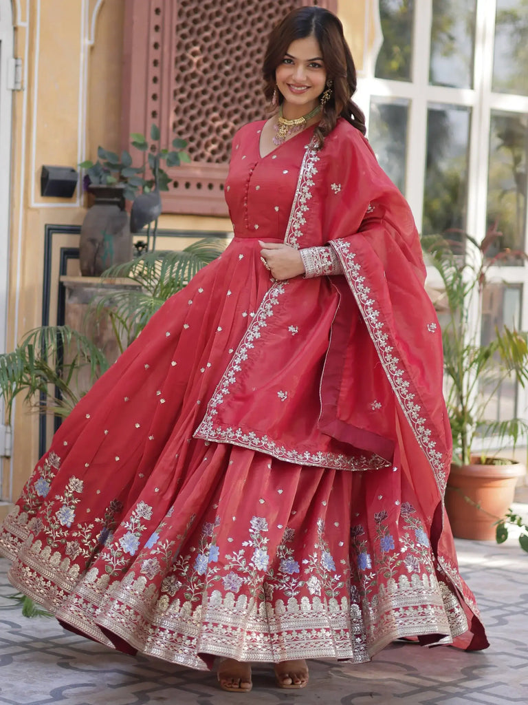 Alluring Orange Foil Embroidery Viscose Silk Traditional Gown