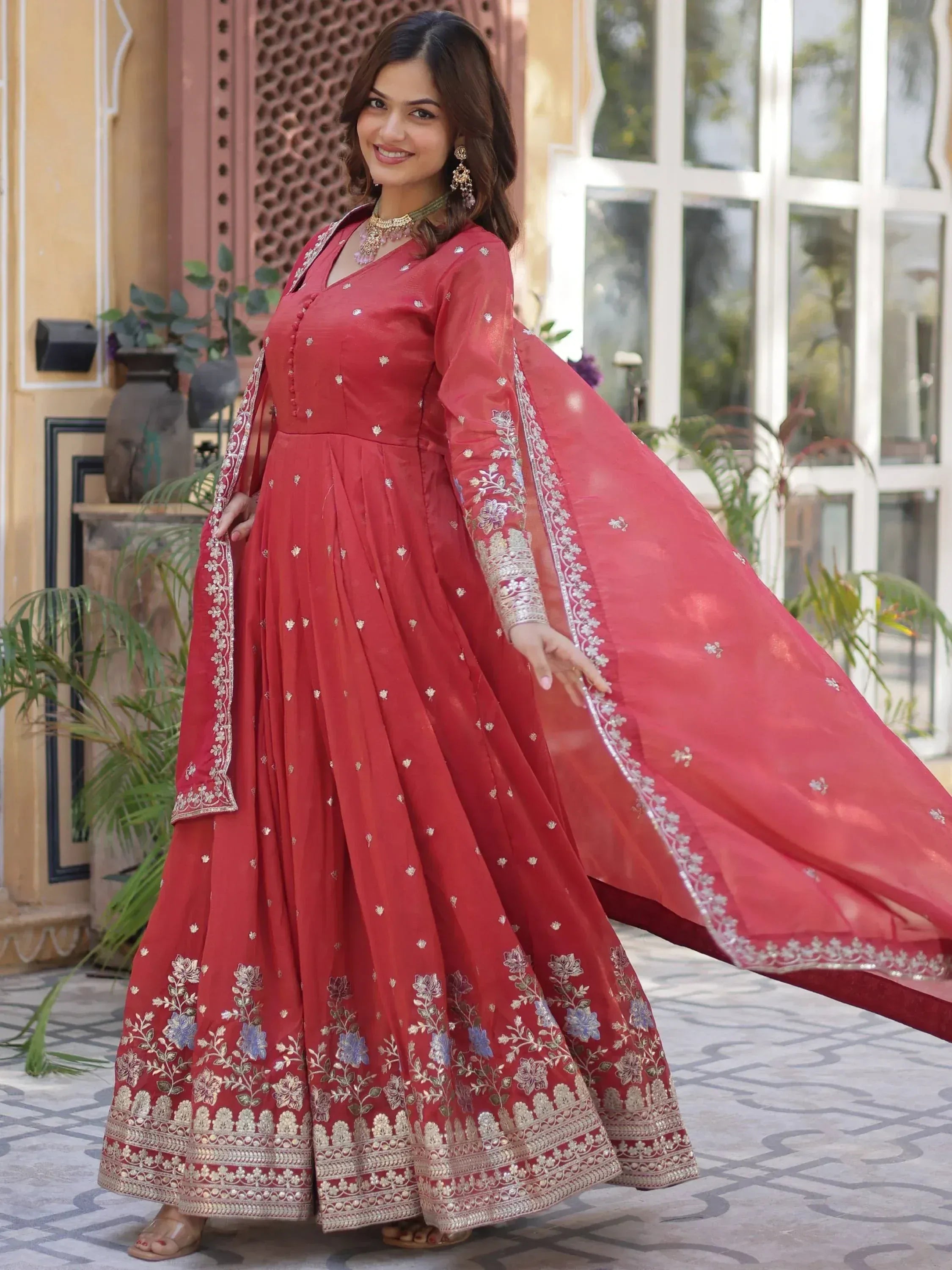 Red embroidered anarkali suit with floral detailing, perfect for Indian ethnic wear occasions