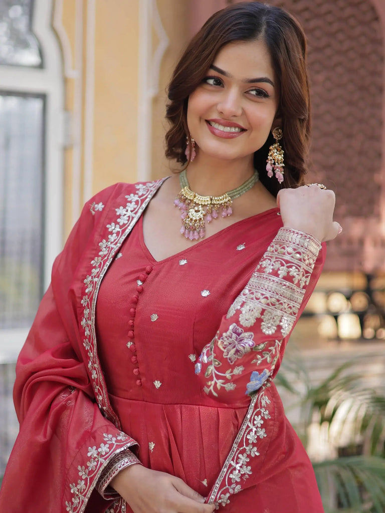 Alluring Orange Foil Embroidery Viscose Silk Traditional Gown
