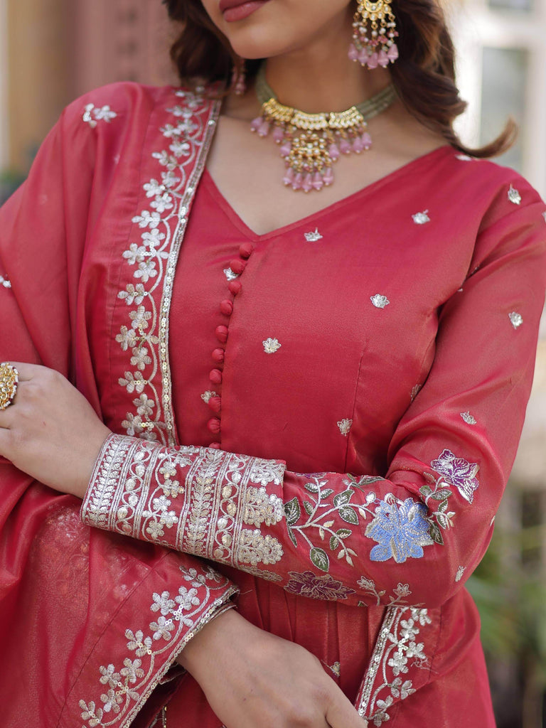 Alluring Orange Foil Embroidery Viscose Silk Traditional Gown