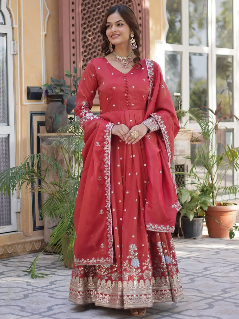 Alluring Orange Foil Embroidery Viscose Silk Traditional Gown