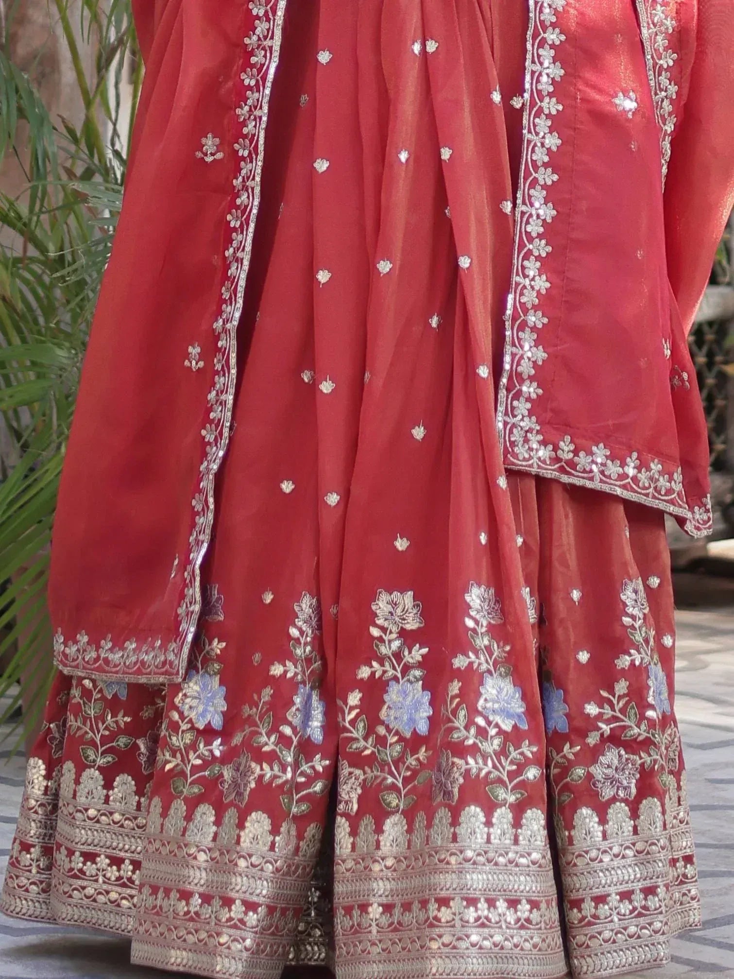 Red embroidered lehenga choli with floral zari work and dupatta, Indian ethnic wear