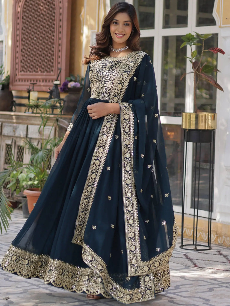 Gorgeous Teal Blue Zari Work Georgette Party Wear Gown With Dupatta