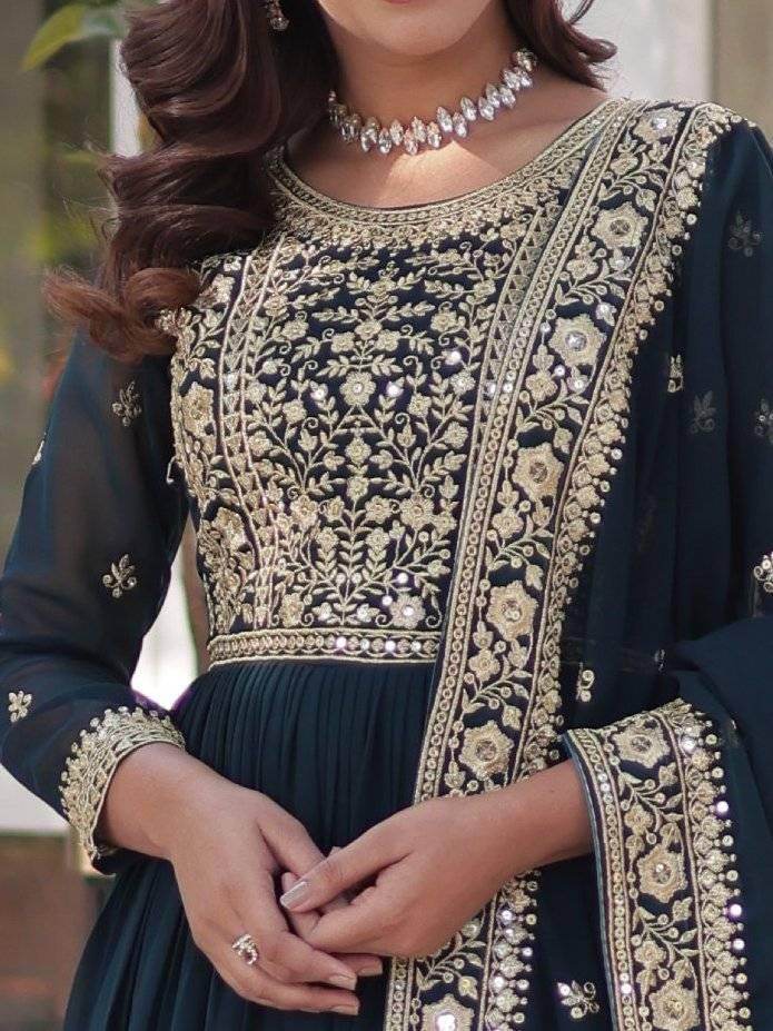 Gorgeous Teal Blue Zari Work Georgette Party Wear Gown With Dupatta