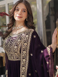 Alluring Wine Zari Work Georgette Festive Wear Gown With Dupatta