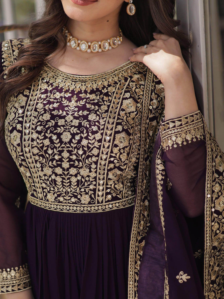 Alluring Wine Zari Work Georgette Festive Wear Gown With Dupatta