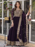 Alluring Wine Zari Work Georgette Festive Wear Gown With Dupatta