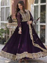 Alluring Wine Zari Work Georgette Festive Wear Gown With Dupatta