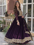 Alluring Wine Zari Work Georgette Festive Wear Gown With Dupatta