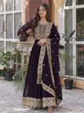 Alluring Wine Zari Work Georgette Festive Wear Gown With Dupatta