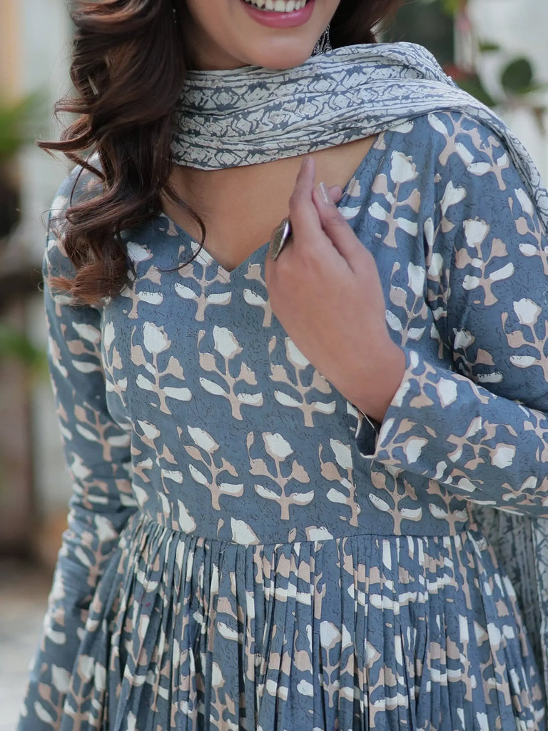 Gorgeous Grey Printed Cotton Summer Wear Anarkali Suit With Dupatta