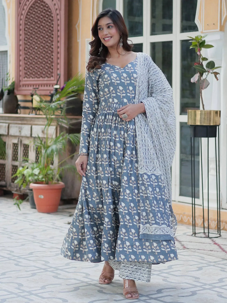 Gorgeous Grey Printed Cotton Summer Wear Anarkali Suit With Dupatta