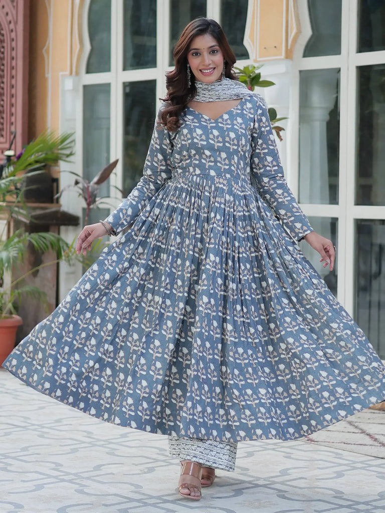 Gorgeous Grey Printed Cotton Summer Wear Anarkali Suit With Dupatta