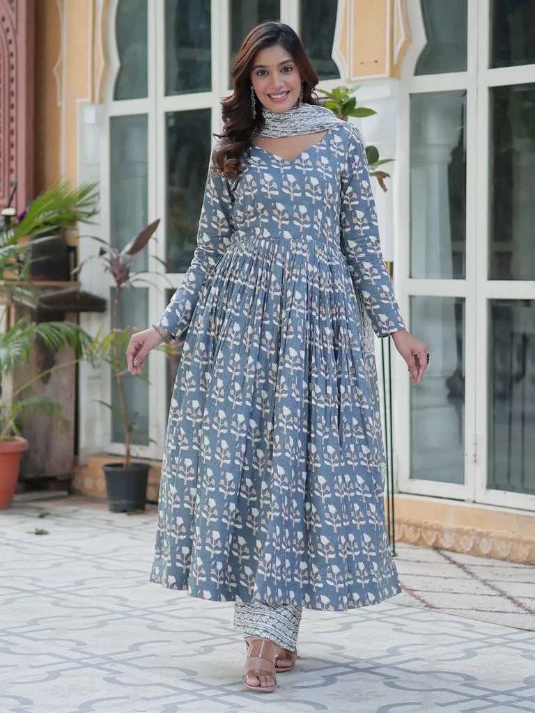 Gorgeous Grey Printed Cotton Summer Wear Anarkali Suit With Dupatta
