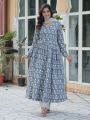 Gorgeous Grey Printed Cotton Summer Wear Anarkali Suit With Dupatta