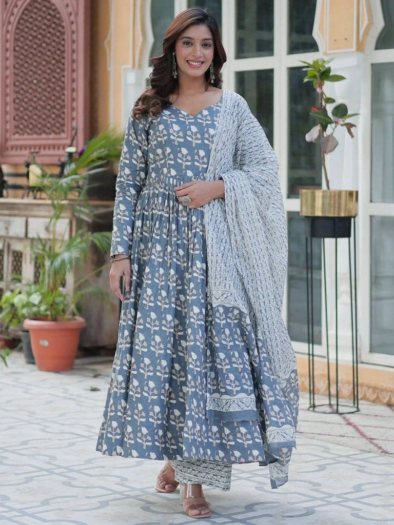 Gorgeous Grey Printed Cotton Summer Wear Anarkali Suit With Dupatta