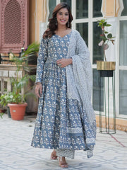 Gorgeous Grey Printed Cotton Summer Wear Anarkali Suit With Dupatta