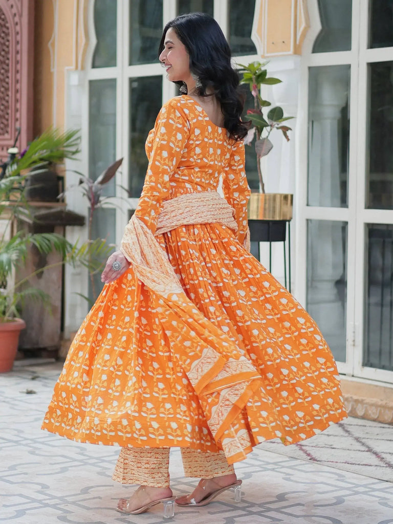 Alluring Orange Floral Printed Cotton Anarkali Suit With Dupatta