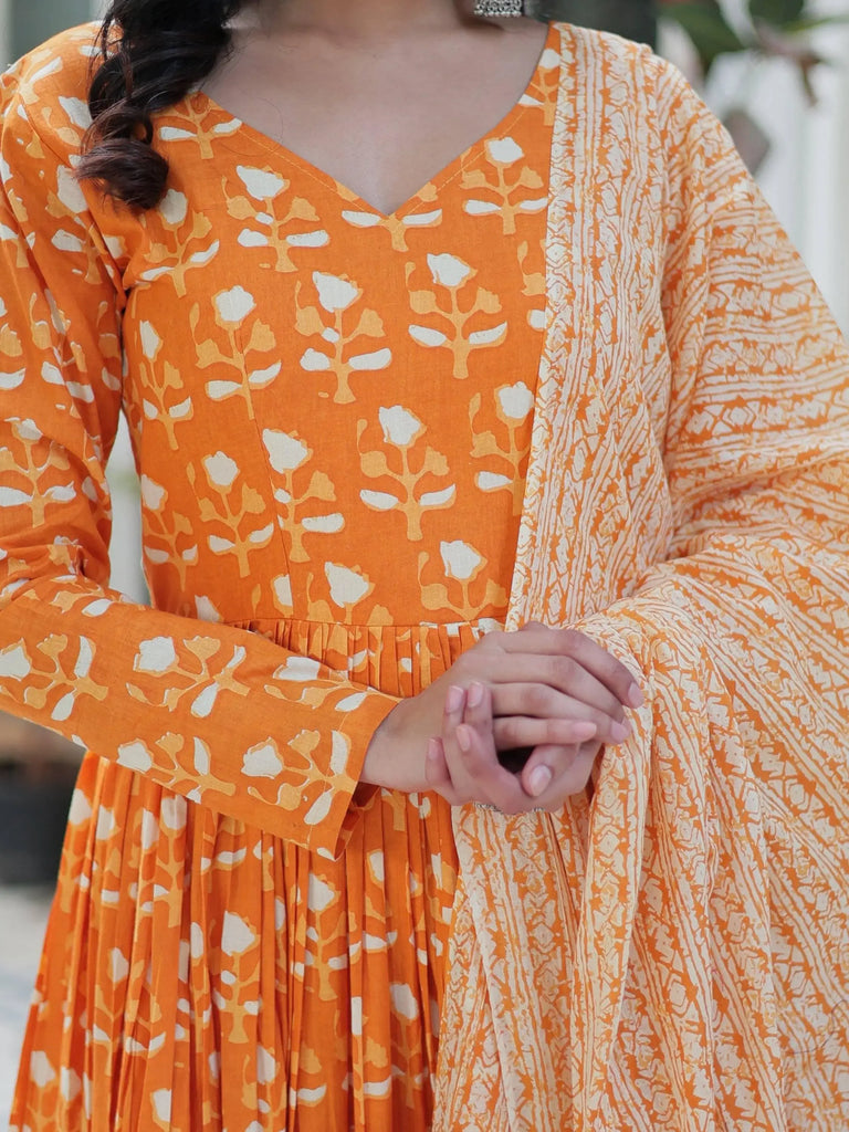 Alluring Orange Floral Printed Cotton Anarkali Suit With Dupatta