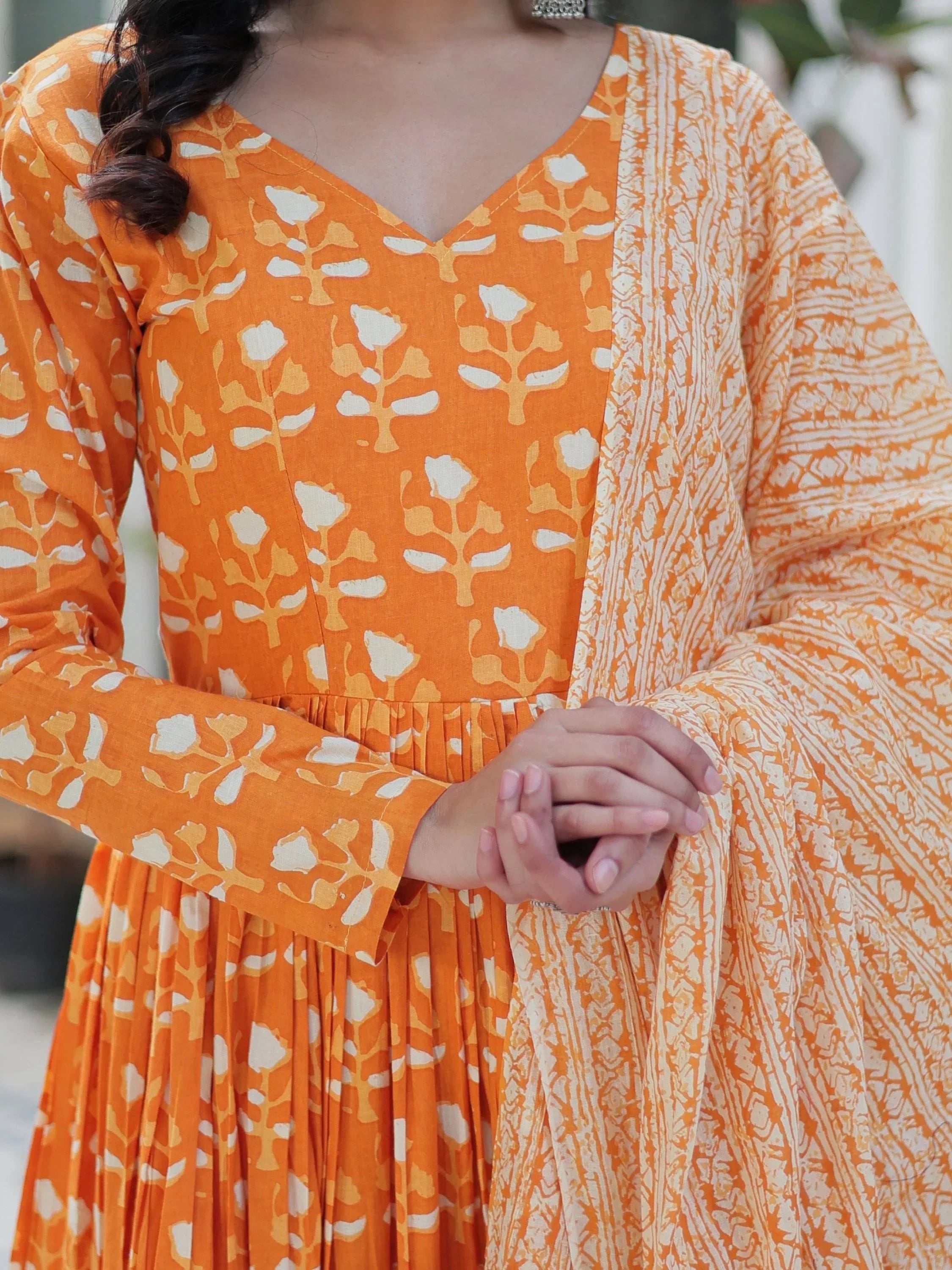 Alluring Orange Floral Printed Cotton Anarkali Suit With Dupatta