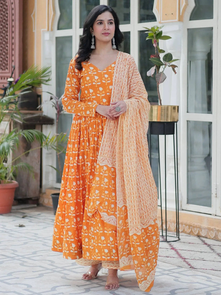 Alluring Orange Floral Printed Cotton Anarkali Suit With Dupatta