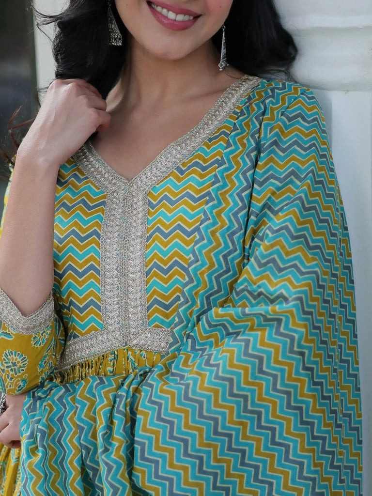 Pretty Mustard Yellow Printed Cotton Casual Wear Side Cut Anarkali Suit