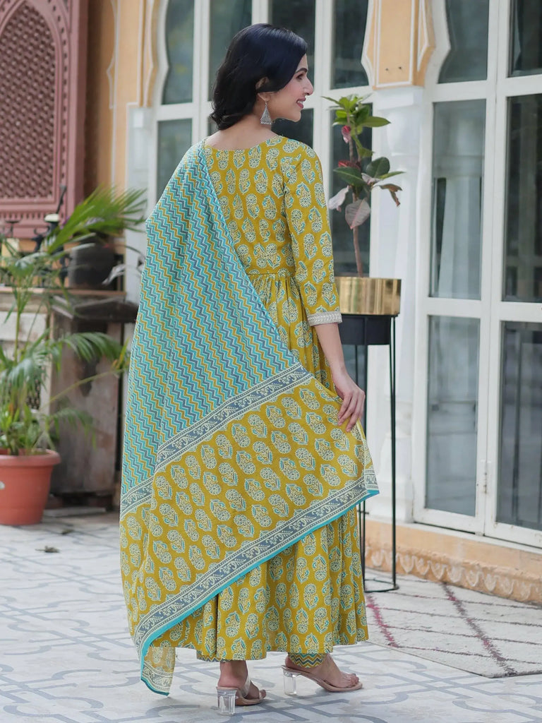 Pretty Mustard Yellow Printed Cotton Casual Wear Side Cut Anarkali Suit