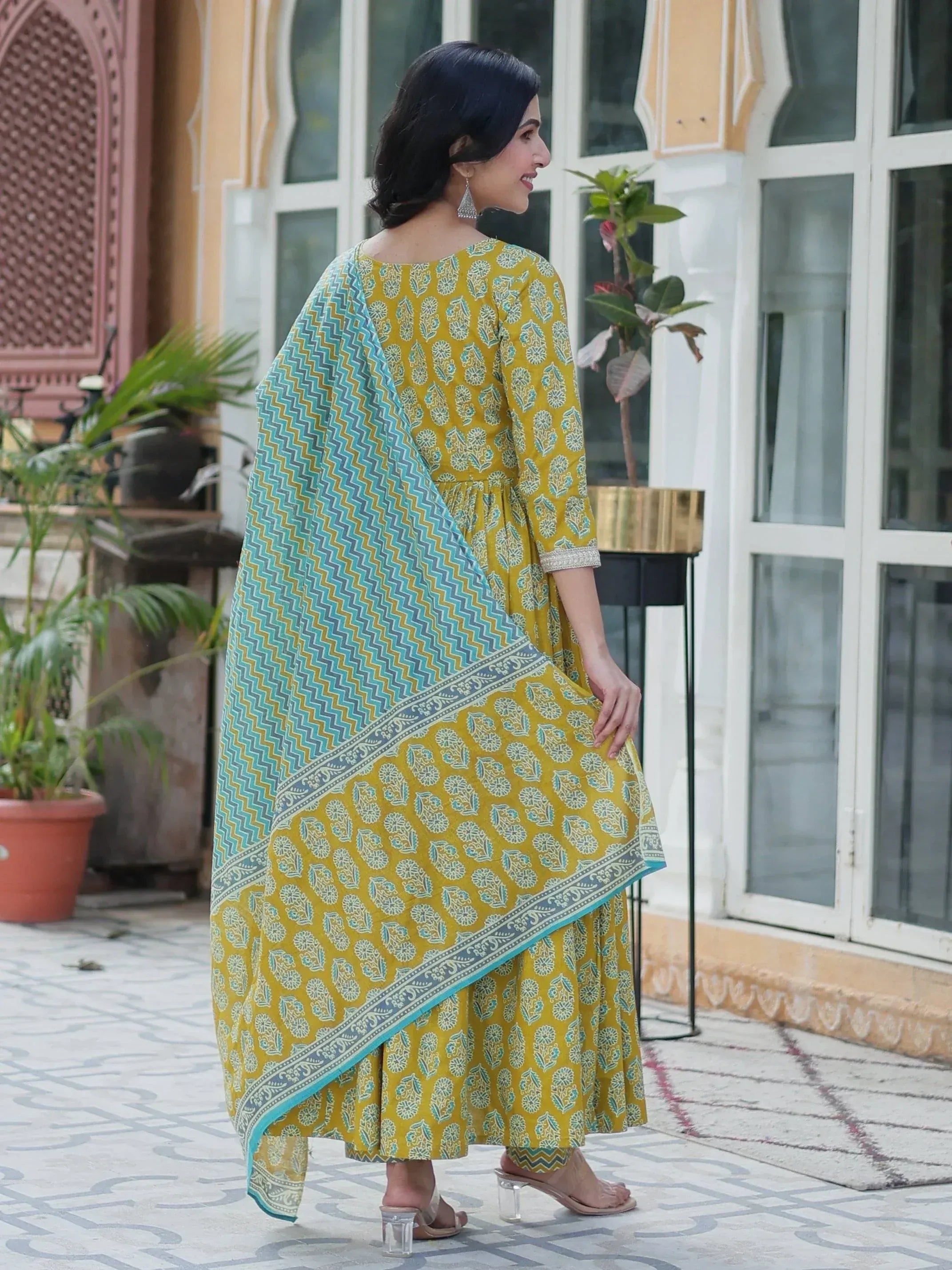 Yellow printed ethnic kurta with blue dupatta, stylish Indian wear for women