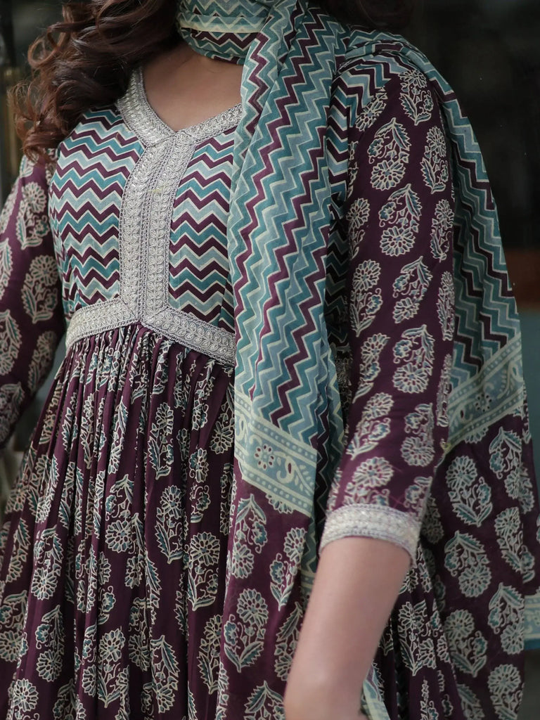 Fascinating Purple Printed Cotton Summer Special Side Cut Anarkali Suit