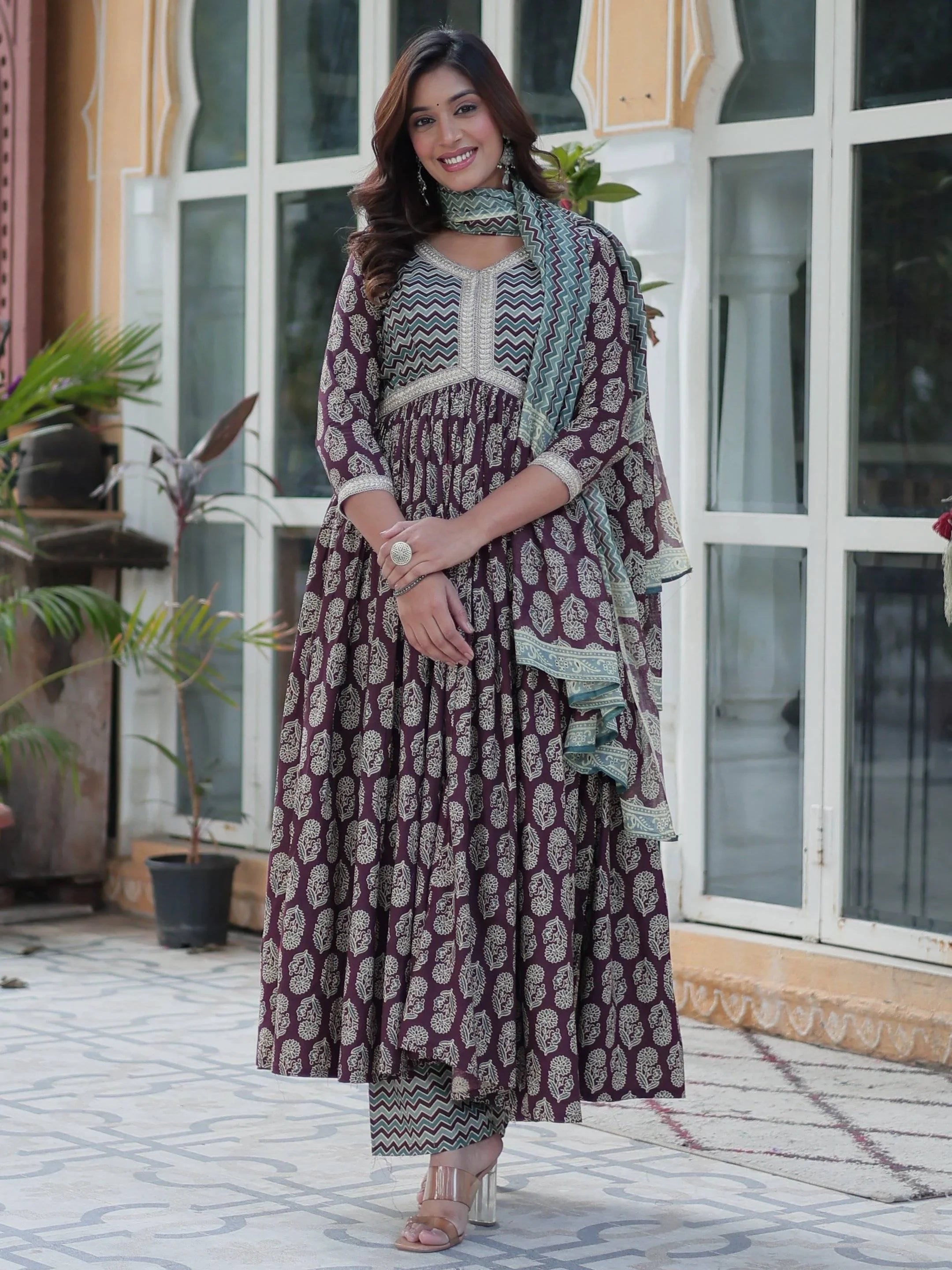 Fascinating Purple Printed Cotton Summer Special Side Cut Anarkali Suit
