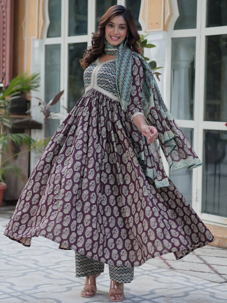 Fascinating Purple Printed Cotton Summer Special Side Cut Anarkali Suit