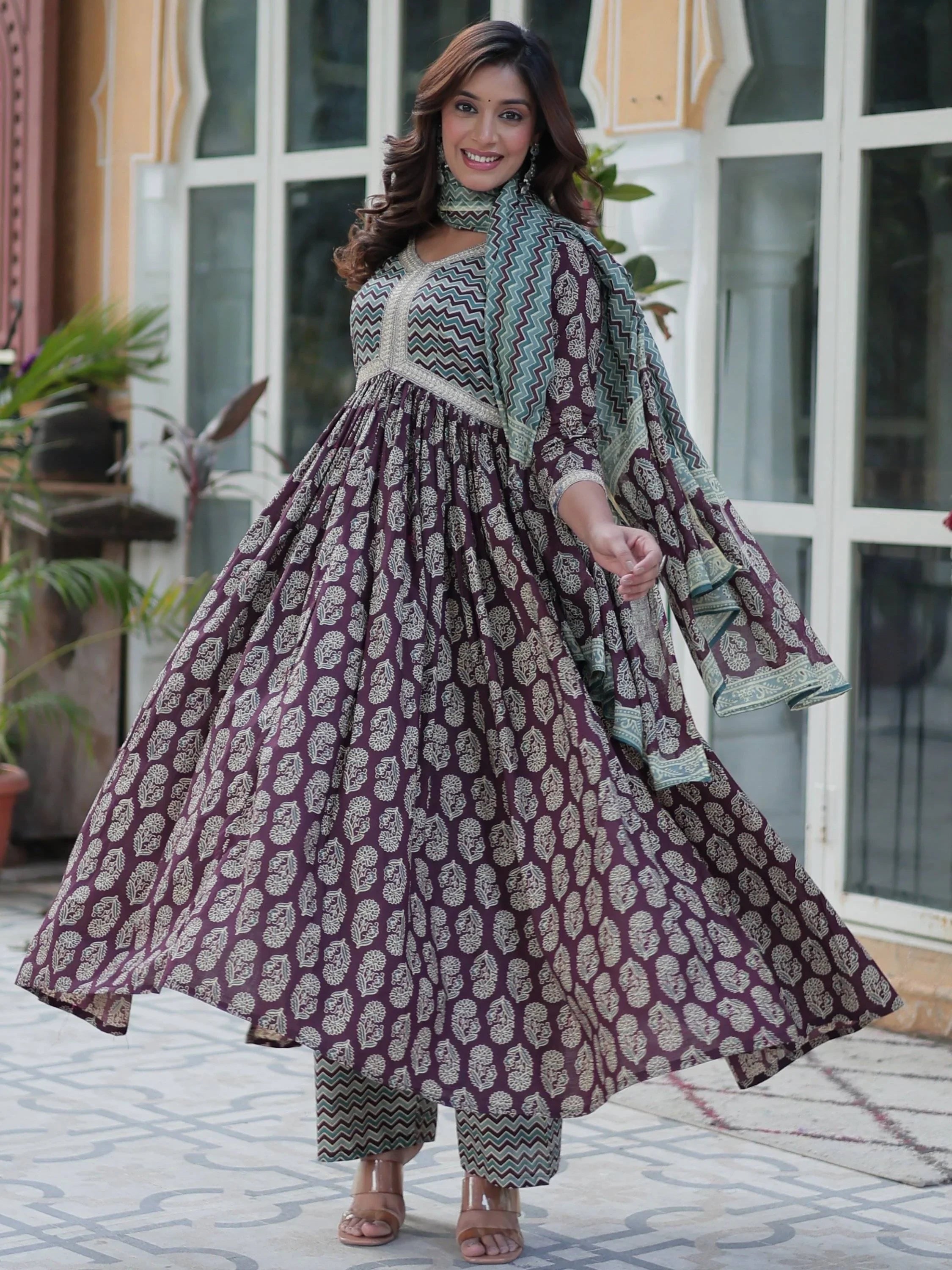 Fascinating Purple Printed Cotton Summer Special Side Cut Anarkali Suit
