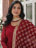 Bewitching Maroon Zari Work Georgette Wedding Wear Gown With Dupatta
